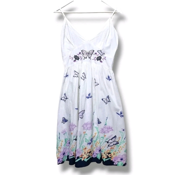 Pistachio Dress Womens L Summer Shirred Back Spaghetti Strap Butterfly Cotton - Picture 2 of 9